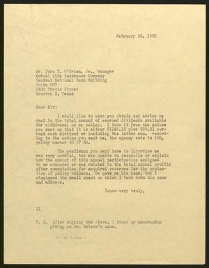 [Letter from Isaac H. Kempner to John T. O'Brien, Jr., February 25, 1963]