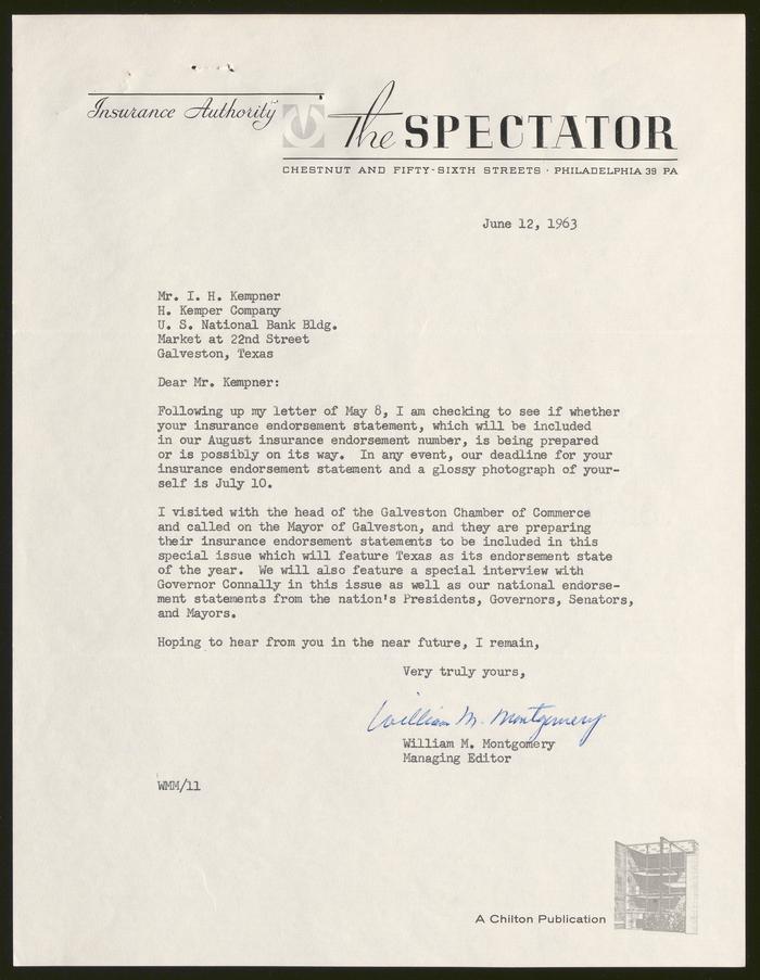 Letter from William M. Montgomery to Isaac H. Kempner, June 12, 1963] - The  Portal to Texas History