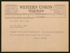 [Telegram from Hennie B. Kempner to Mr. and Mrs. Thos. L. James, February 19, 1963]