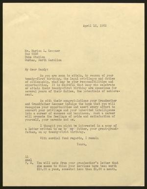 Primary view of object titled '[Letter from Isaac H. Kempner to Marion L. Kempner, April 12, 1963]'.