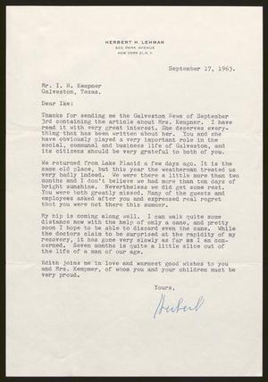 Primary view of object titled '[Letter from Herbert H. Lehman to Isaac H. Kempner, September 17, 1963]'.