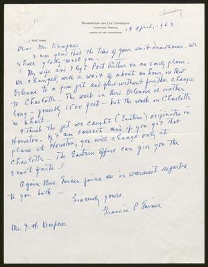 Primary view of object titled '[Letter from Francis P. Gaines to Isaac H. Kempner, April 18, 1963]'.