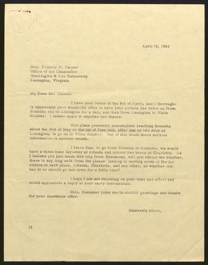 [Letter from Isaac H. Kempner to Francis P. Gaines, April 13, 1963]