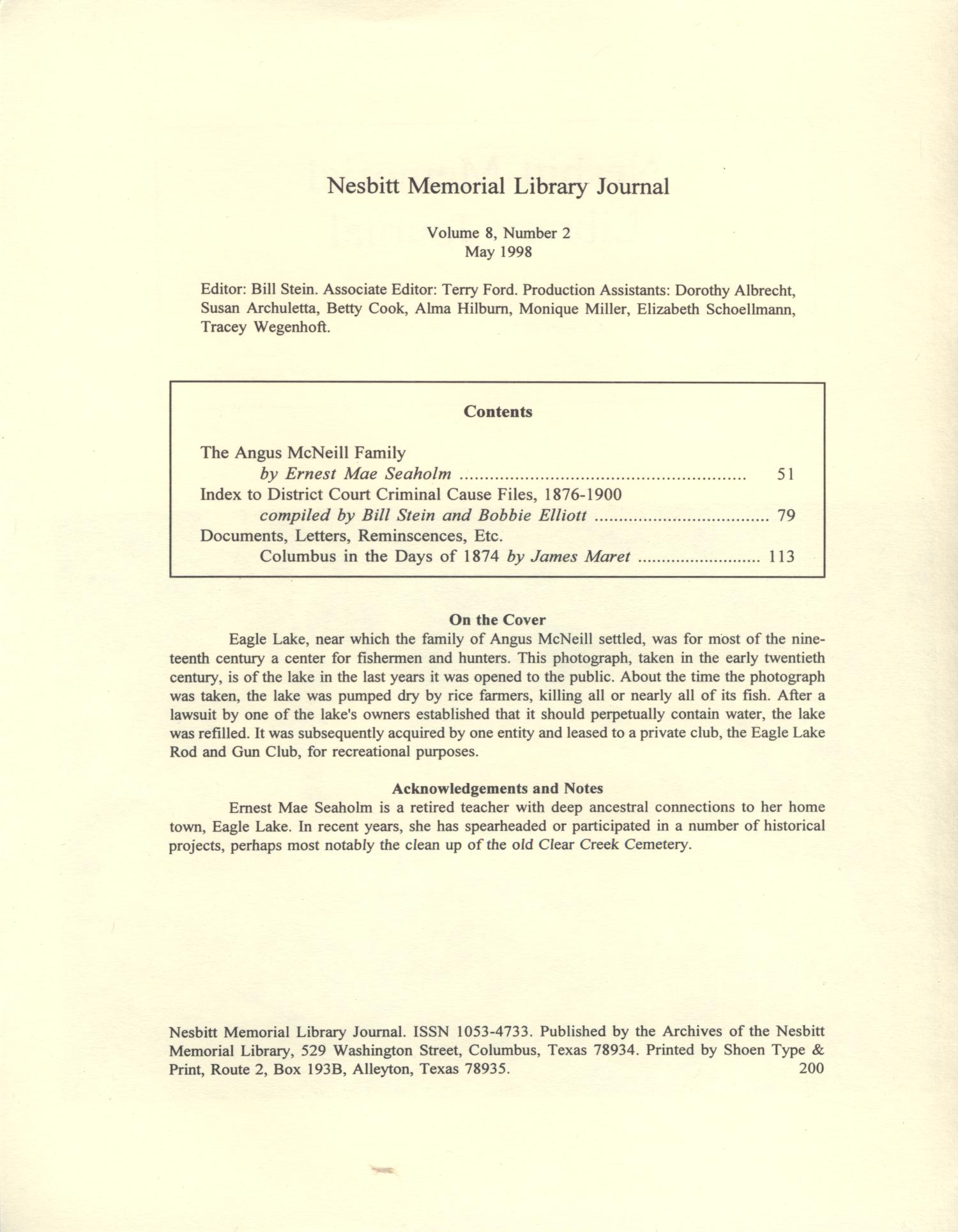 Nesbitt Memorial Library Journal, Volume 8, Number 2, May 1998
                                                
                                                    Front Inside
                                                