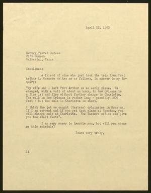 [Letter from Isaac H. Kempner to Harvey Travel Bureau, April 22, 1963]