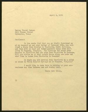 [Letter from Isaac H. Kempner to Harvey Travel Bureau, April 5, 1963]