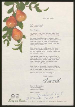 [Letter from Harry and David to Isaac H. Kempner, July 26, 1963]