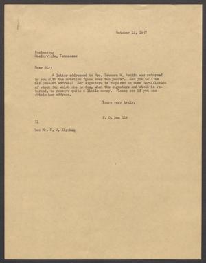 Primary view of object titled '[Letter from Isaac H. Kempner to Postmaster, October 12, 1957]'.
