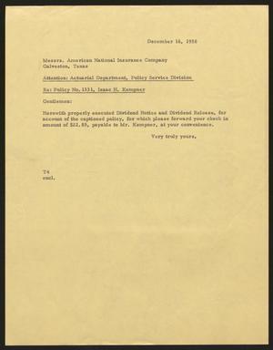[Letter from T. E. Taylor to American National Insurance Compnay, December 16, 1958]