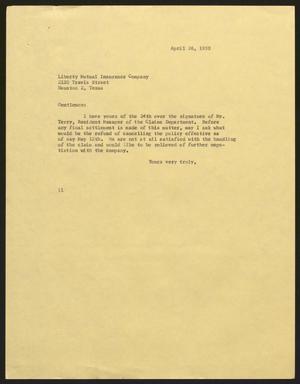 [Letter from Isaac H. Kempner to Liberty Mutual Insurance Company, April 26, 1958]