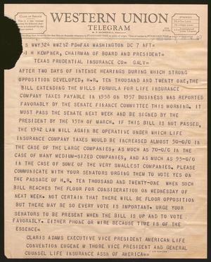 Primary view of object titled '[Telegram from Claris Adams and Eugene M. Thorne to I. H. Kempner - March 7, 1958]'.