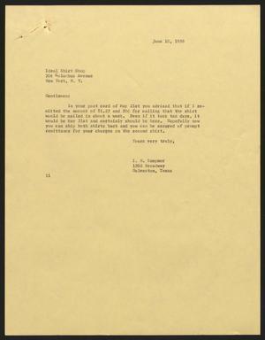 [Letter from Isaac H. Kempner to Ideal Shirt Shop, June 10, 1958]