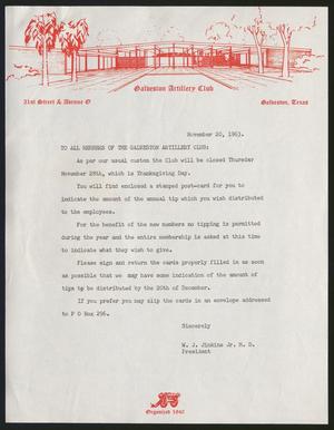 [Letter from Galveston Artillery Club, November 20, 1963]