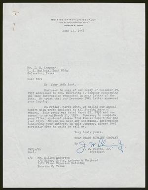[Letter from J. W. Colvin, Jr. to Isaac H. Kempner, June 17, 1958]