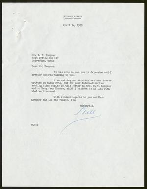 [Letter from William L. Gatz to Isaac H. Kempner, April 14, 1958]