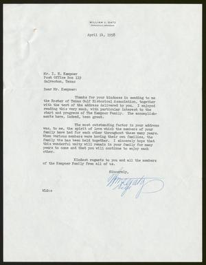 [Letter from William L. Gatz to Isaac H. Kempner, April 14, 1958]