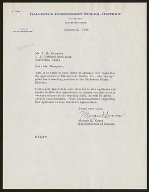 [Letter from Morgan E. Evans to Isaac H. Kempner, January 21, 1958]
