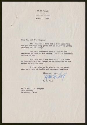 [Letter from M. M. Feld to I. H. and Henrietta Leonora Kempner, March 1, 1958]