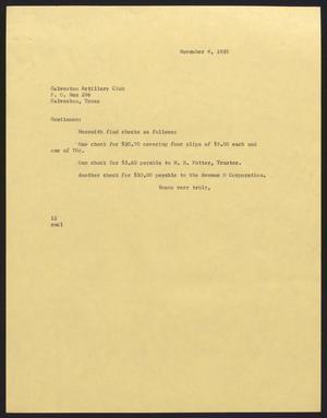 [Letter from Isaac H. Kempner to Galveston Artillery Club, November 4, 1958]