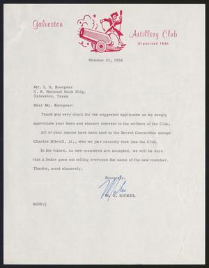 [Letter from M. O. Bickel to Isaac H. Kempner, October 31, 1958]