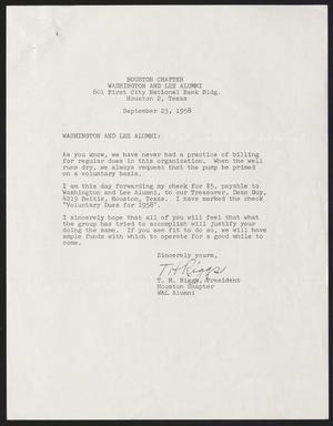[Letter from Washington and Lee University Alumni Houston Chapter - September 23, 1958]