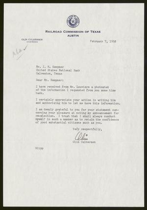 [Letter from Olin Culberson to Isaac H. Kempner, February 7, 1958]