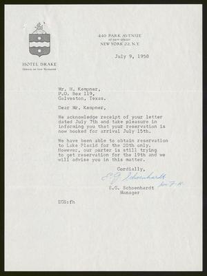 [Letter from E. G. Schoenhardt to Isaac H. Kempner, July 9, 1958]