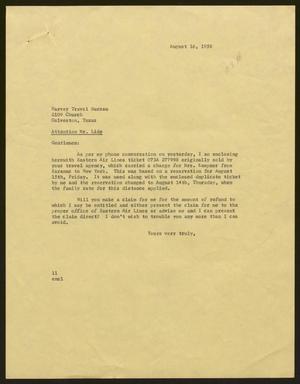 [Letter from Isaac H. Kempner to Harvey Travel Bureau, August 16, 1958]