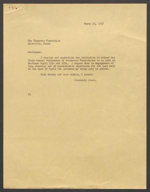 Primary view of object titled '[Letter from Isaac H. Kempner to The Peterson Foundation, March 25, 1957]'.