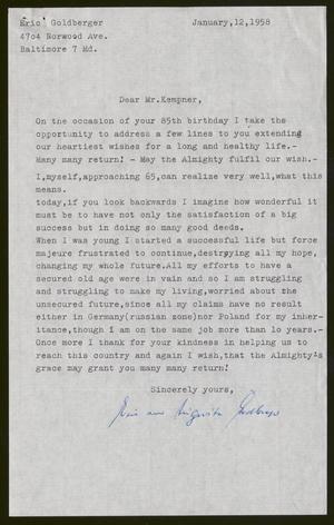 Primary view of object titled '[Letter from Eric Goldberger and Augusta Goldberger to I. H. Kempner, January 12, 1958]'.