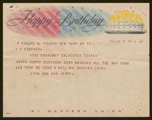 [Telegram from Lyda Ann and Jerry to I. H. Kempner for his Birthday - January 13, 1958]