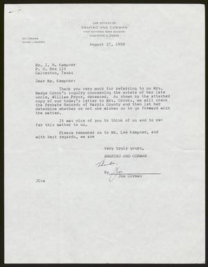 [Letter from Isaac H. Kempner to Joe Corman, August 27, 1958]