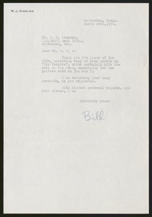 [Letter from W. J. Aicklen to Isaac H. Kempner, March 30, 1958]