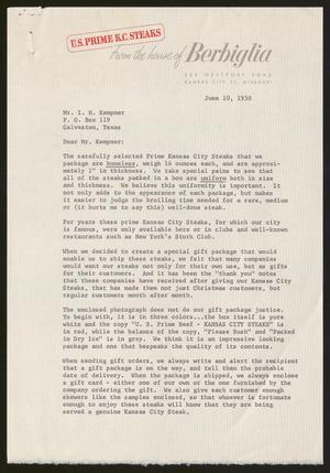 [Letter from Mike Berbiglia to Isaac H. Kempner, June 10, 1958]