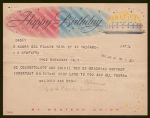 [Telegram from Mildred and Bob for I. H. Kempner's Birthday - January 14, 1968]