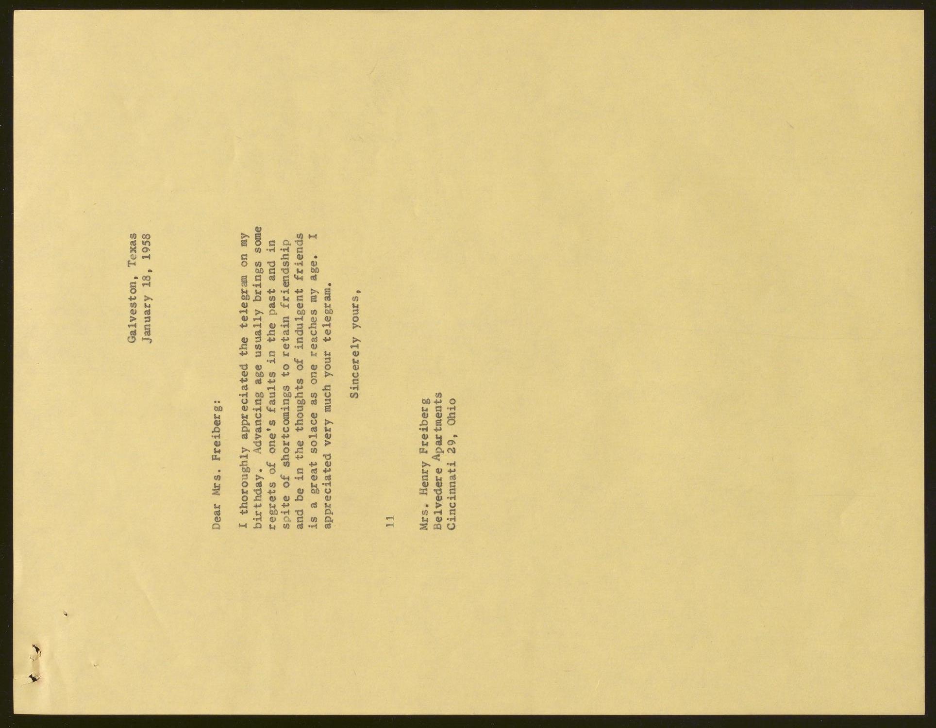 [Letter from Isaac H. Kempner to Mrs. Henry Freiberg, January 18, 1958]
                                                
                                                    [Sequence #]: 1 of 2
                                                