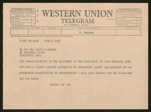 [Telegram from Henrietta Leonora and I. H. Kempner to Sara Elizabeth and David F. Weston, June 2, 1957]