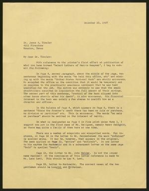 [Letter from Isaac H. Kempner to James A. Tinsley, December 23, 1957]