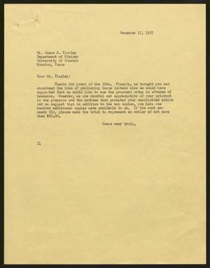 [Letter from Isaac H. Kempner to James A. Tinsley, December 17, 1957]