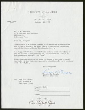 [Letter from Preston P. Temple to Isaac H. Kempner, February 20, 1957]