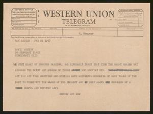 [Telegram from Hennie and Ike Kempner to David Weston - February 22, 1957]