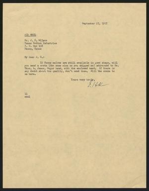[Letter from Isaac H. Kempner to J. C. Wilson, September 27, 1957]