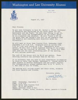 [Letter from the Houston Chapter of Washington and Lee University Alumni, August 27, 1957]