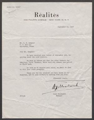 [Letter from Axel Tourmente to Isaac H. Kempner, September 11, 1957]