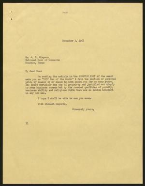 [Letter from Isaac H. Kempner to A. D. Simpson, December 2, 1957]