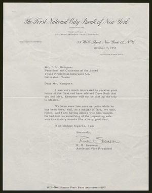 [Letter from R. B. Swenson to Isaac H. Kempner, October 7, 1957]