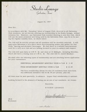 [Letter from Studio Lounge -  August 26, 1957]