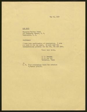[Letter from Isaac H. Kempner to Sheraton-Carlton Hotel , May 21, 1957]