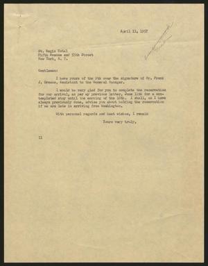 [Letter from Isaac H. Kempner to St. Regis Hotel, April 11, 1957]