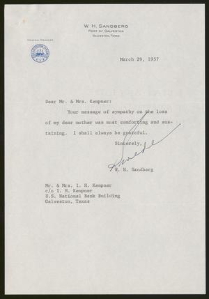 [Letter from W. H. Sandberg to Henrietta and Isaac H. Kempner, March 29, 1957]
